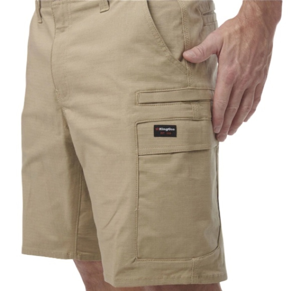 KING GEE Men’s Workcool Pro Stretch Work Shorts Khaki Green Cargo Ripstop 36